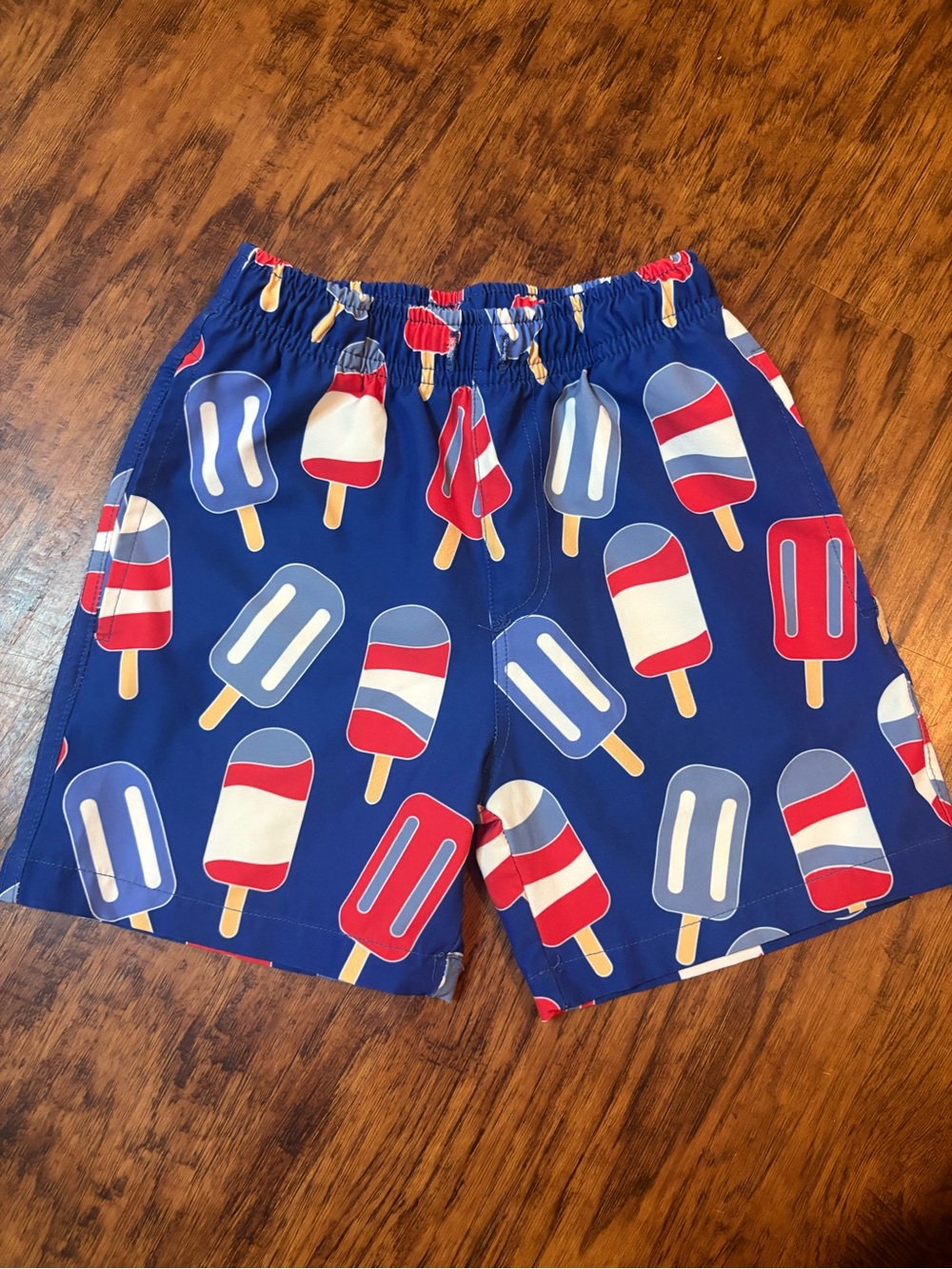Boys Navy Popsicle Print Swim Trunks with Elastic Waist